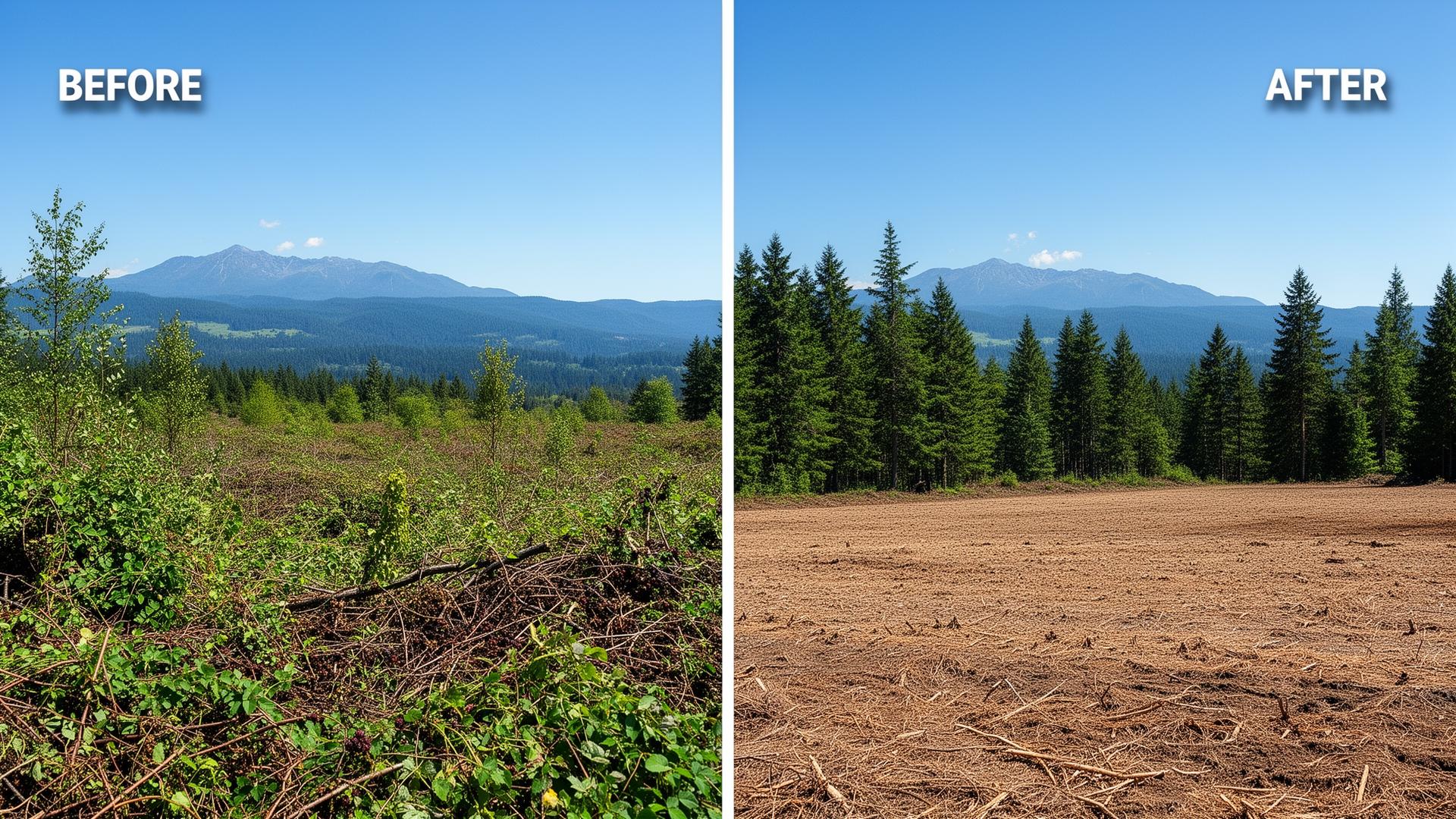 Before and after land clearing: residential property reclaimed from dense vegetation