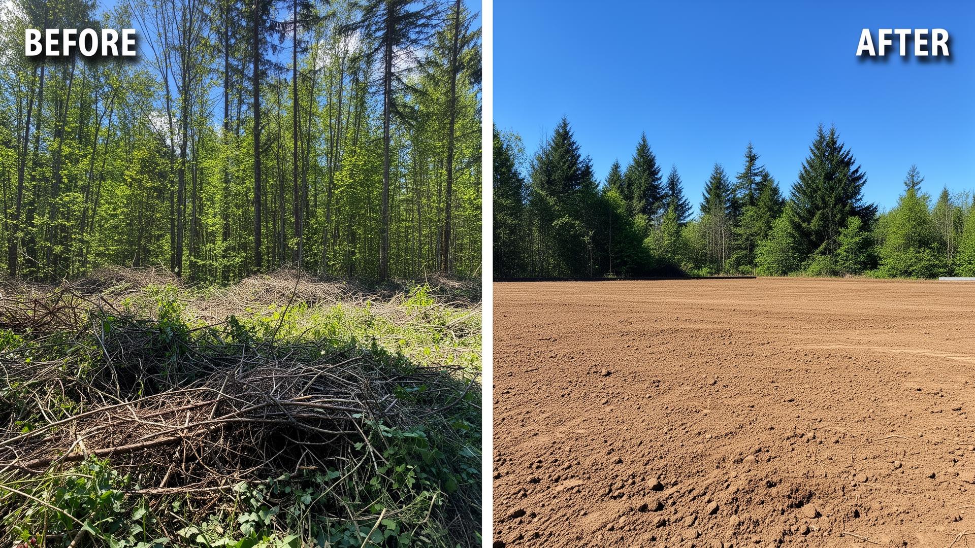 Before and after land clearing: full yard cleared and restored to usable space