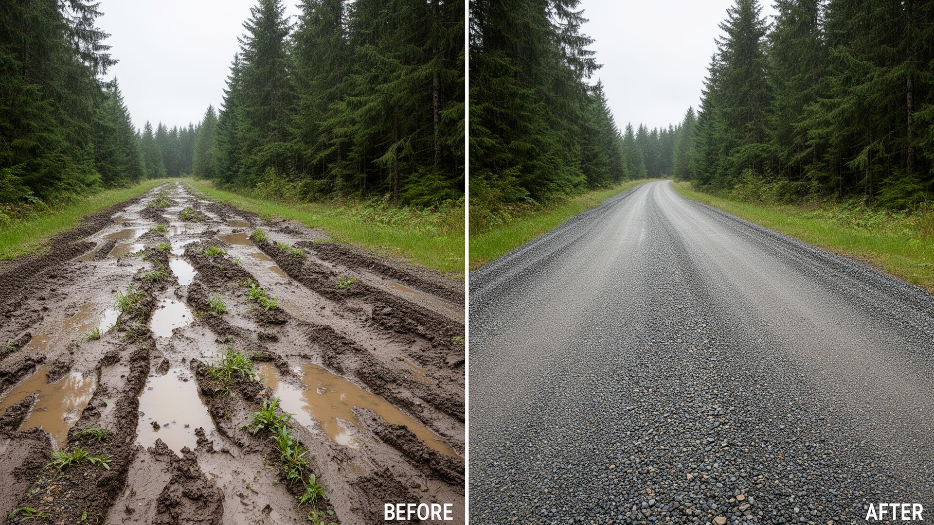 Before and after gravel driveway renewal with Harley Power Rake in Snohomish County