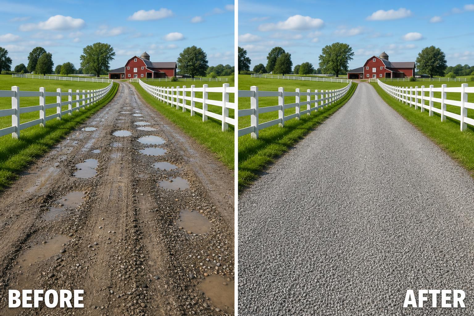 Before and after pothole repair on a rural gravel driveway in Western Washington