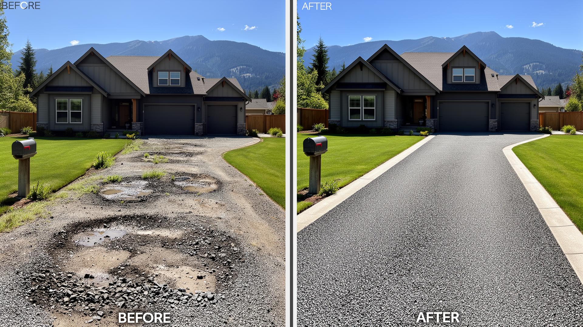 Before and after new gravel driveway installation by Sasquatch Land Co.
