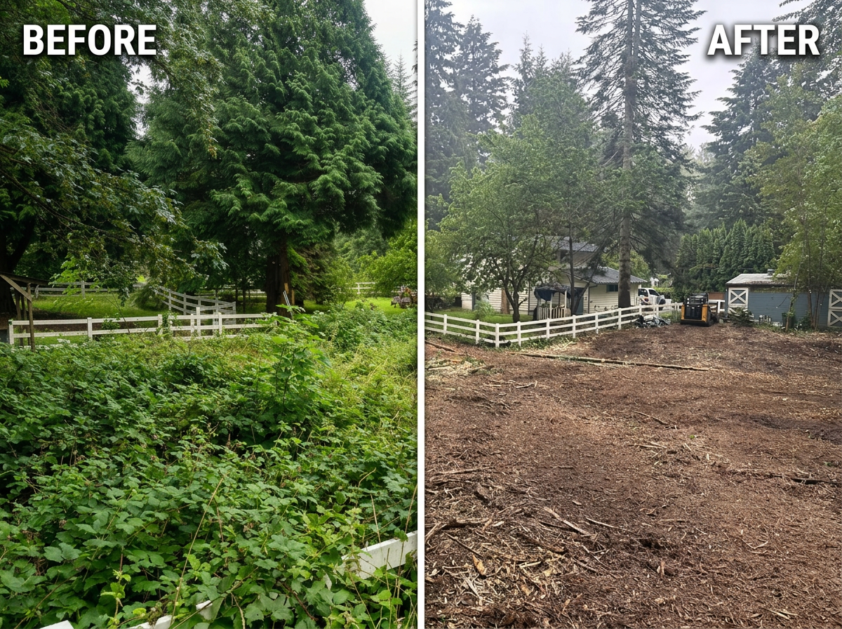 Before and after forestry mulching: blackberry thicket cleared and mulched in Snohomish County