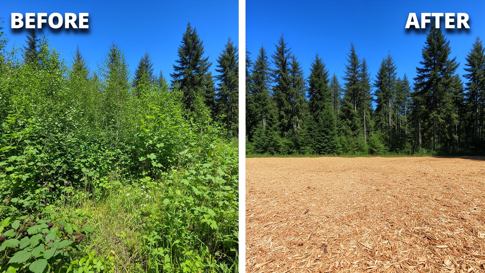 Before and after forestry mulching: residential property reclaimed from overgrowth