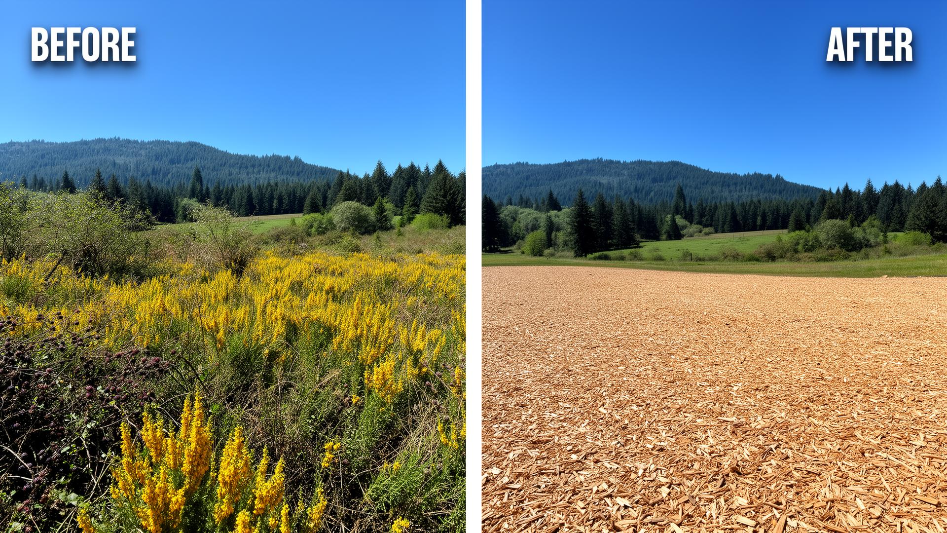Before and after forestry mulching: land cleared of blackberry and brush in Snohomish County