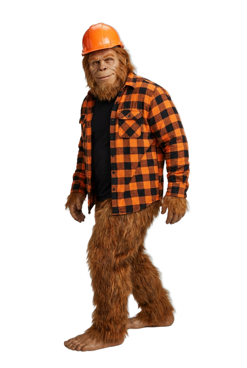 Sasquatch mascot standing in a Pacific Northwest forest