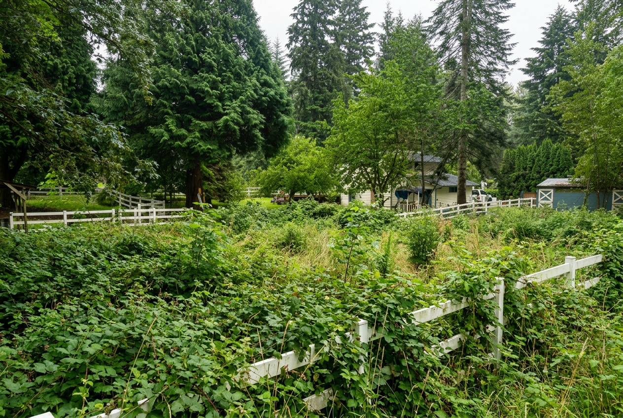 Before: overgrown pasture full of brush and blackberry on a Snohomish County property.